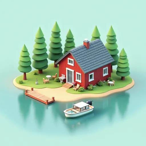 Render of a red cabin on a small island with pine trees used as the input image