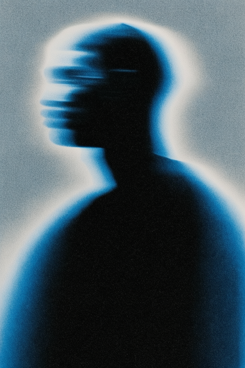 Dark human silhouette in profile with horizontal motion blur, glowing white aura, and heavy film grain.