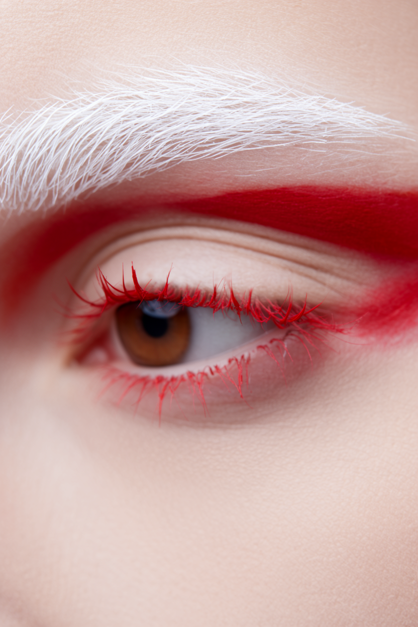Extreme macro close-up of an eye with pure white lashes, vivid red lower lashes, and bold red makeup.