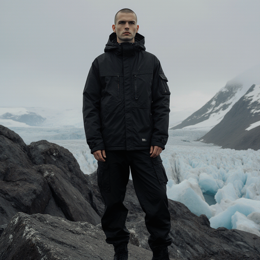 Technical outdoor style fashion shoot on icelandic rock, minimalist techwear, low angle, cinematic low contrast shoot
